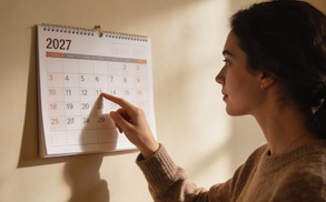 young woman looks at wall calendar
